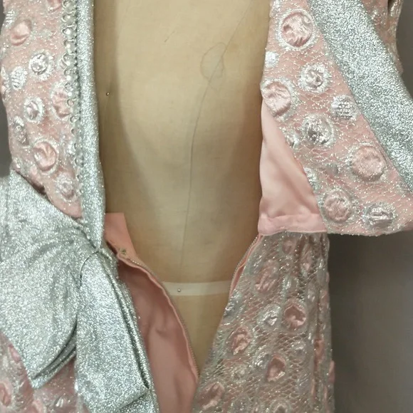 Sixties Silver & Pink Metallic Gown 60s Designer Maxi Feminine Glitter Sz 8 10